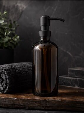 16 OZ. GLASS SOAP DISPENSER W/ METAL PUMP (AMBER GLASS/BLACK PUMP)